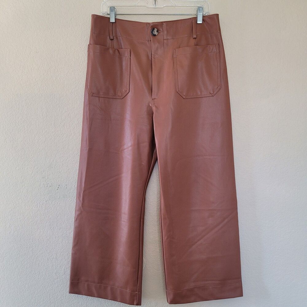 Anthropologie Maeve Colette Wide Leg Brown Crop Pants Size 32 Faux Leather Shine